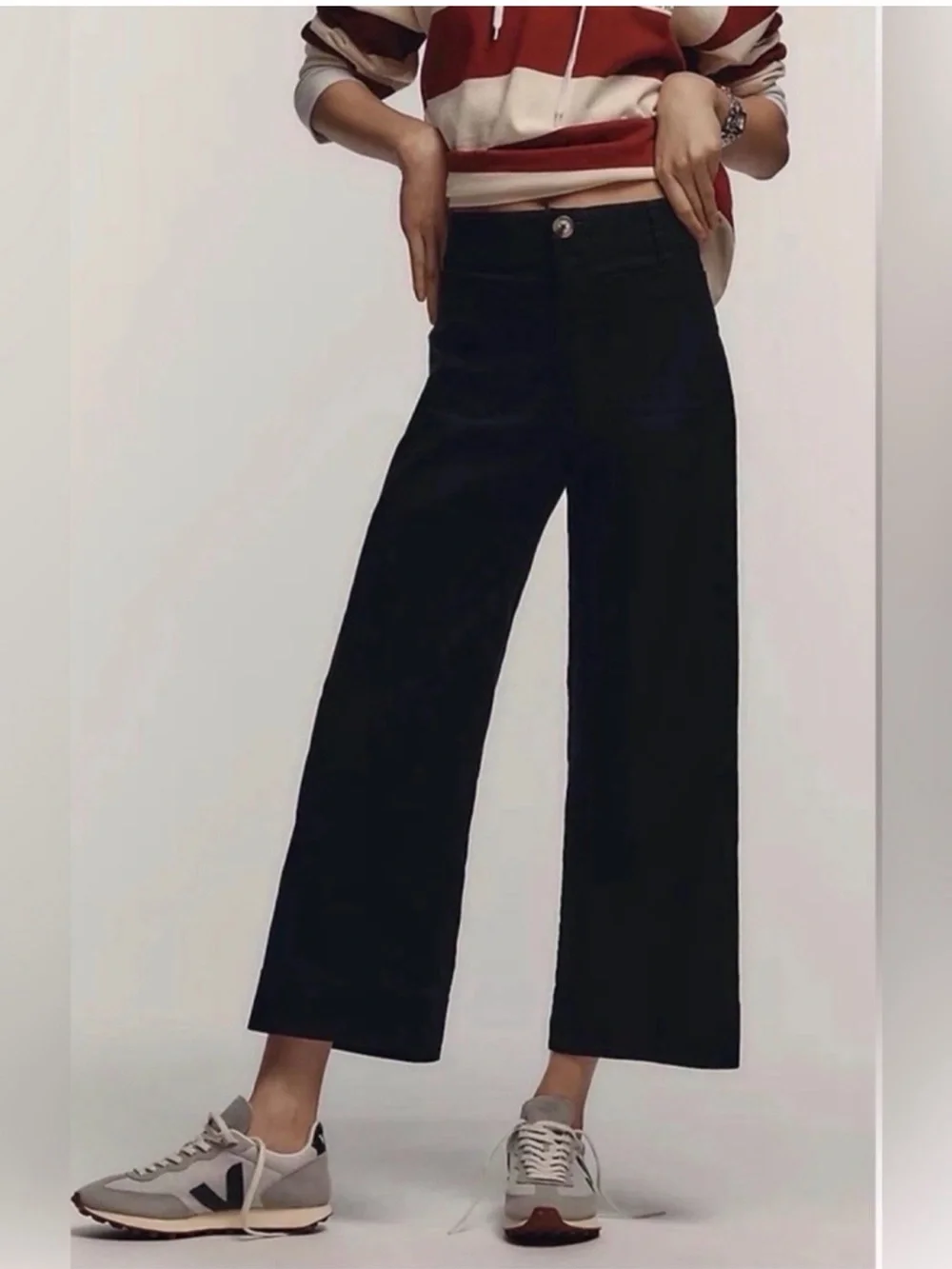 Maeve The Colette Cropped Wide-Leg Pants Women’s Black Stretch Linen Blend Sz 27 - Picture 1 of 12